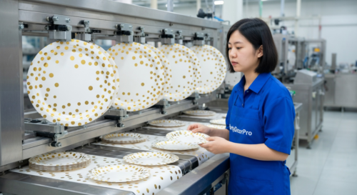 This is our high-speed plate forming process with our operator monitoring machines that shape uniform large and small plates, delivering dimensional precision and batch consistency for wholesale party tableware.