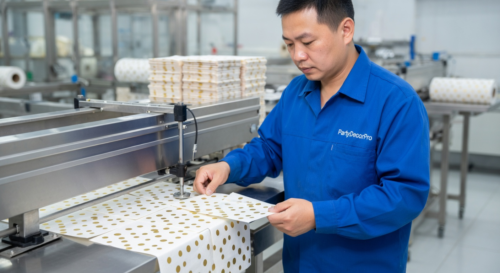 This is our specialized napkin cutting operation where our worker operates equipment to trim square napkins to exact dimensions, maintaining strict quality control for dependable wholesale supply.