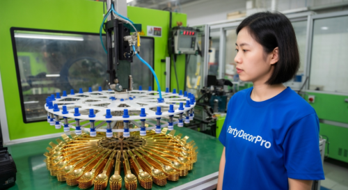 This is our injection molding supervision for heavy duty gold cutlery as our expert oversees machines to form durable utensils with uniform thickness and edge precision for wholesale reliability.