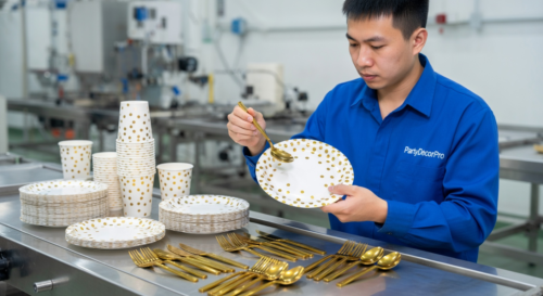 This is our in-line quality inspection where our inspector verifies assembled gold polka dot components, guaranteeing flawless consistency and structural integrity across every wholesale batch.