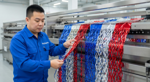 This is our precision slitting process where skilled technicians feed metallic foil sheets into advanced machines to create uniform fringe strips with consistent wave patterns, ensuring wholesale reliability and product consistency for every batch.