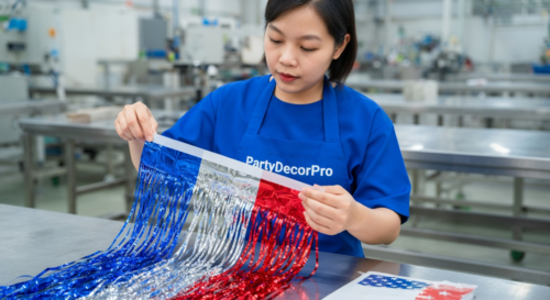 This is our adhesive application step where experienced workers precisely apply backing to the top of cut fringe strips, guaranteeing strong adhesion and consistent quality for reliable wholesale foil backdrop curtains.