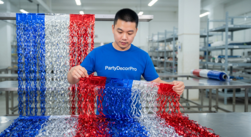 This is our panel assembly process where our team carefully combines fringe strips into double layer configurations, maintaining precision alignment and uniformity for superior product consistency in bulk orders.