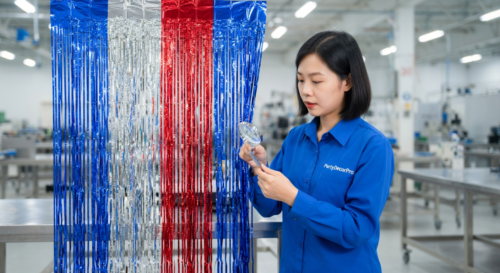 This is our rigorous quality inspection where specialists verify strip length, adhesion strength, and color alignment on completed foil curtains, ensuring every unit meets our high standards for wholesale reliability.