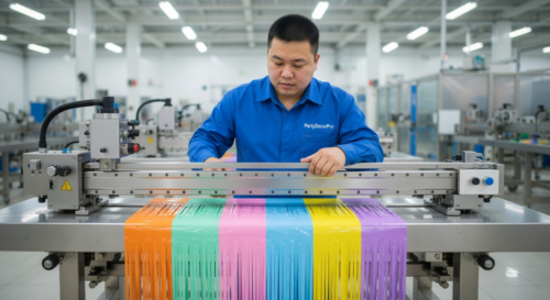 This is our precision slitting process where skilled technicians cut metallic foil films into uniform strips, ensuring exact consistency and dimensional accuracy for reliable wholesale foil fringe curtains.