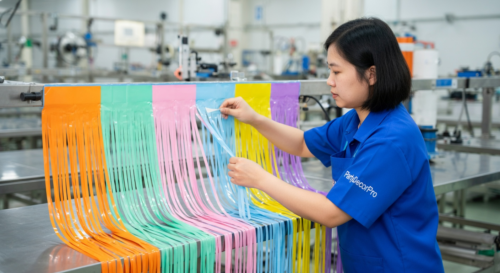 This is our assembly station where experts align and attach cut foil strips to the top border, delivering precise construction and batch-to-batch consistency for pastel rainbow foil fringe curtains.