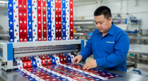 This is our meticulous cutting stage in which trained technicians carefully cut pre-patterned metallic foil into uniform strips, guaranteeing precision and consistency for high-volume wholesale production of party fringe curtains.