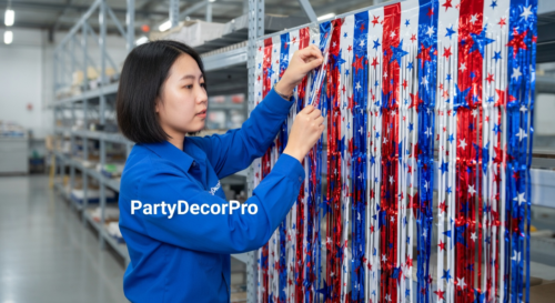 This is our skilled assembly process where we precisely attach metallic red white and blue star and stripe foil strips to the top header, maintaining strict quality standards for wholesale reliability.