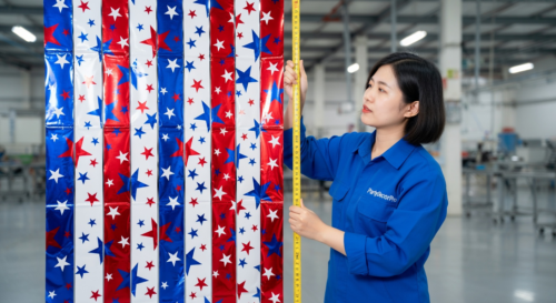 This is our final quality verification where we measure the exact two-meter height of finished metallic foil fringe curtains, upholding precision and reliability for wholesale customers.