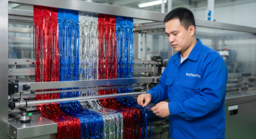 This is our precision slitting process where our technician cuts metallic foil sheets into uniform fringe strips, ensuring exact consistency and quality control for reliable wholesale production.