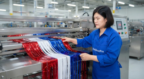 This is our specialized foil processing stage where our operator performs feeding and cutting to create consistent width strips, delivering precision and uniformity for bulk metallic backdrop orders.