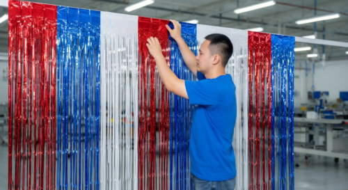 This is our assembly process where our technician attaches metallic red white and blue fringe strips onto the header using precise taping methods, guaranteeing structural reliability for wholesale distribution.