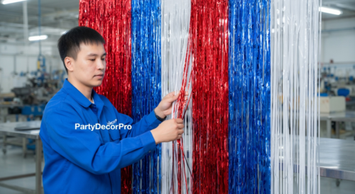 This is our quality inspection step where our specialist verifies fringe alignment and integrity on the fully assembled metallic backdrop, maintaining high standards for consistent wholesale supply.