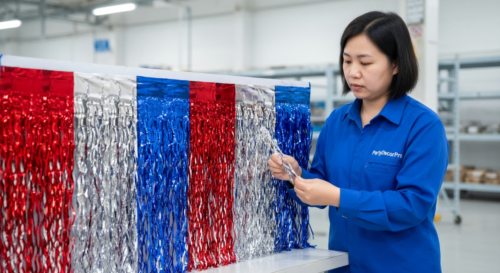 This is our expert assembly process where technicians align and attach metallic tinsel fringe strips to the self-adhesive header band, delivering strong adhesion and precise construction for every order.