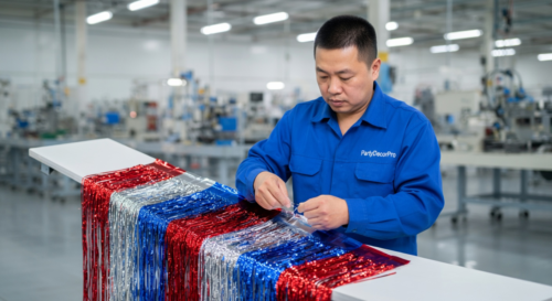 This is our thorough quality inspection where we verify fringe alignment and adhesion strength on each assembled unit, maintaining strict standards and wholesale reliability for our Metallic Table Skirt.