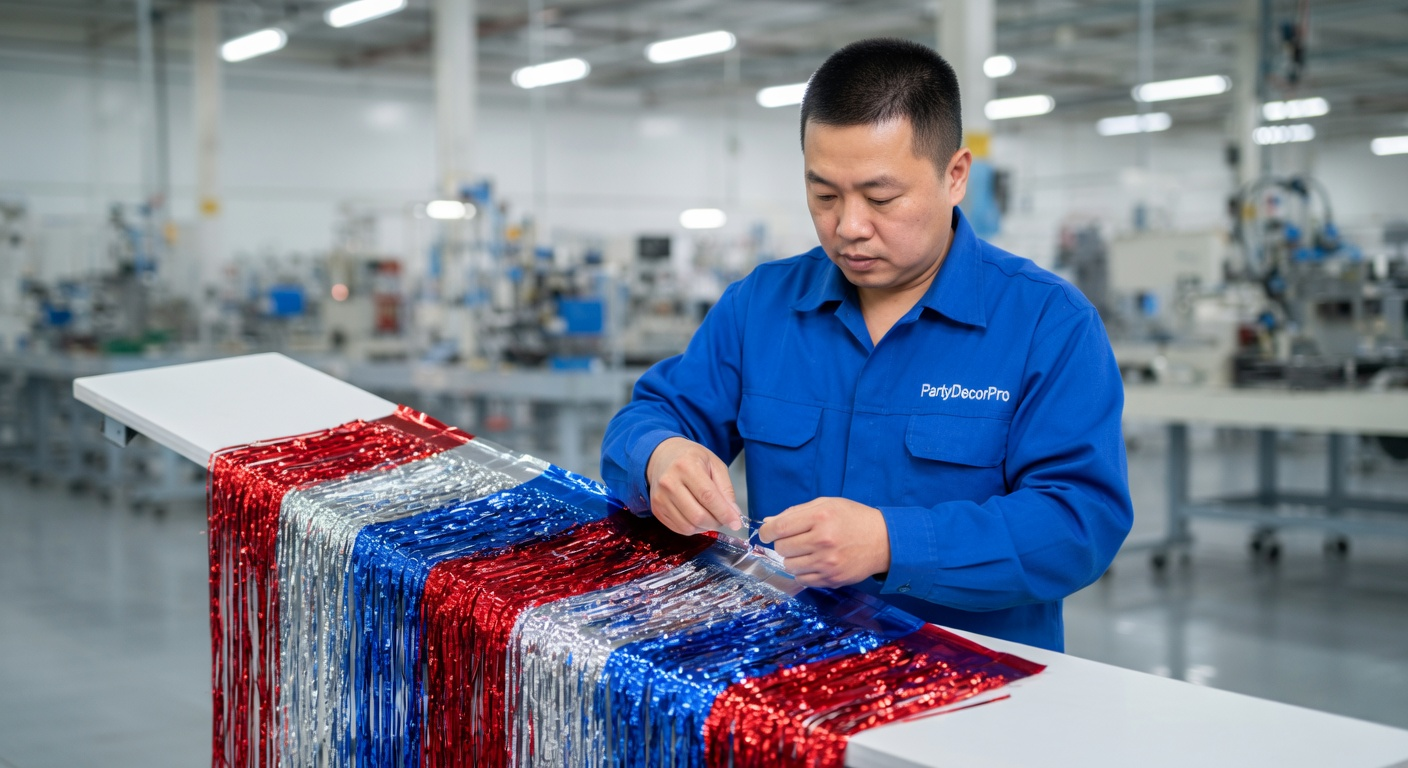 This is our thorough quality inspection where we verify fringe alignment and adhesion strength on each assembled unit, maintaining strict standards and wholesale reliability for our Metallic Table Skirt.