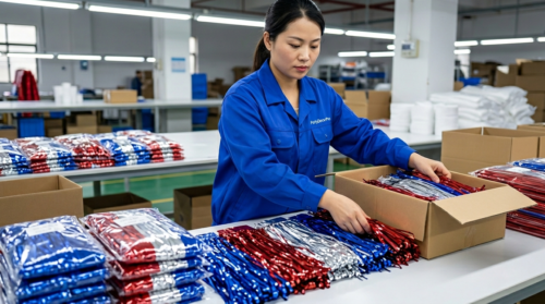 This is our final packaging stage where completed units are grouped into sets of three, guaranteeing organized consistency and dependable supply for patriotic event wholesalers.