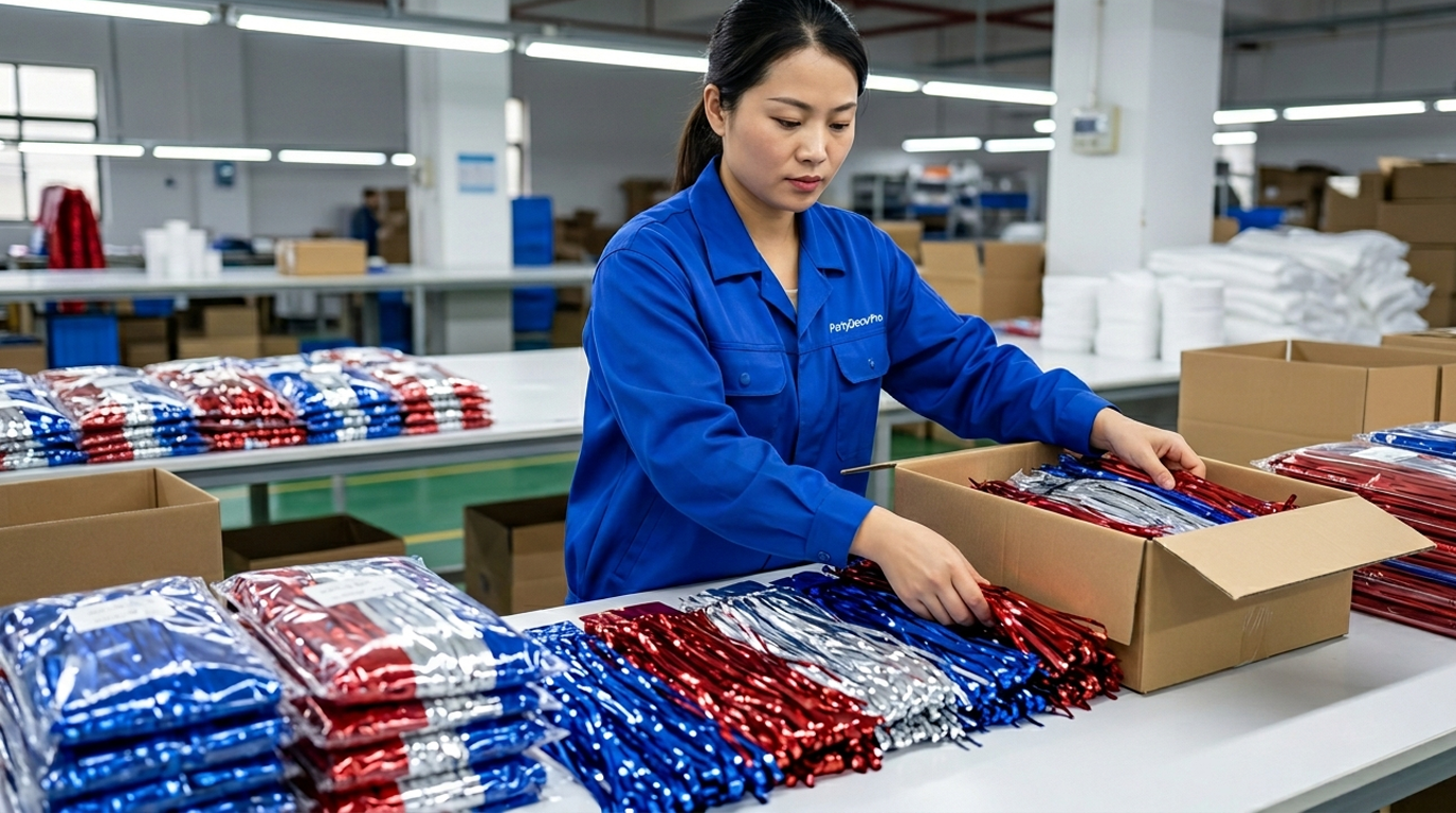 This is our final packaging stage where completed units are grouped into sets of three, guaranteeing organized consistency and dependable supply for patriotic event wholesalers.