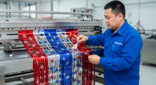 This is our precision slitting process where our technician carefully feeds high gloss metallic aluminum foil into equipment to create uniform strips, ensuring consistency and quality for wholesale party curtains.