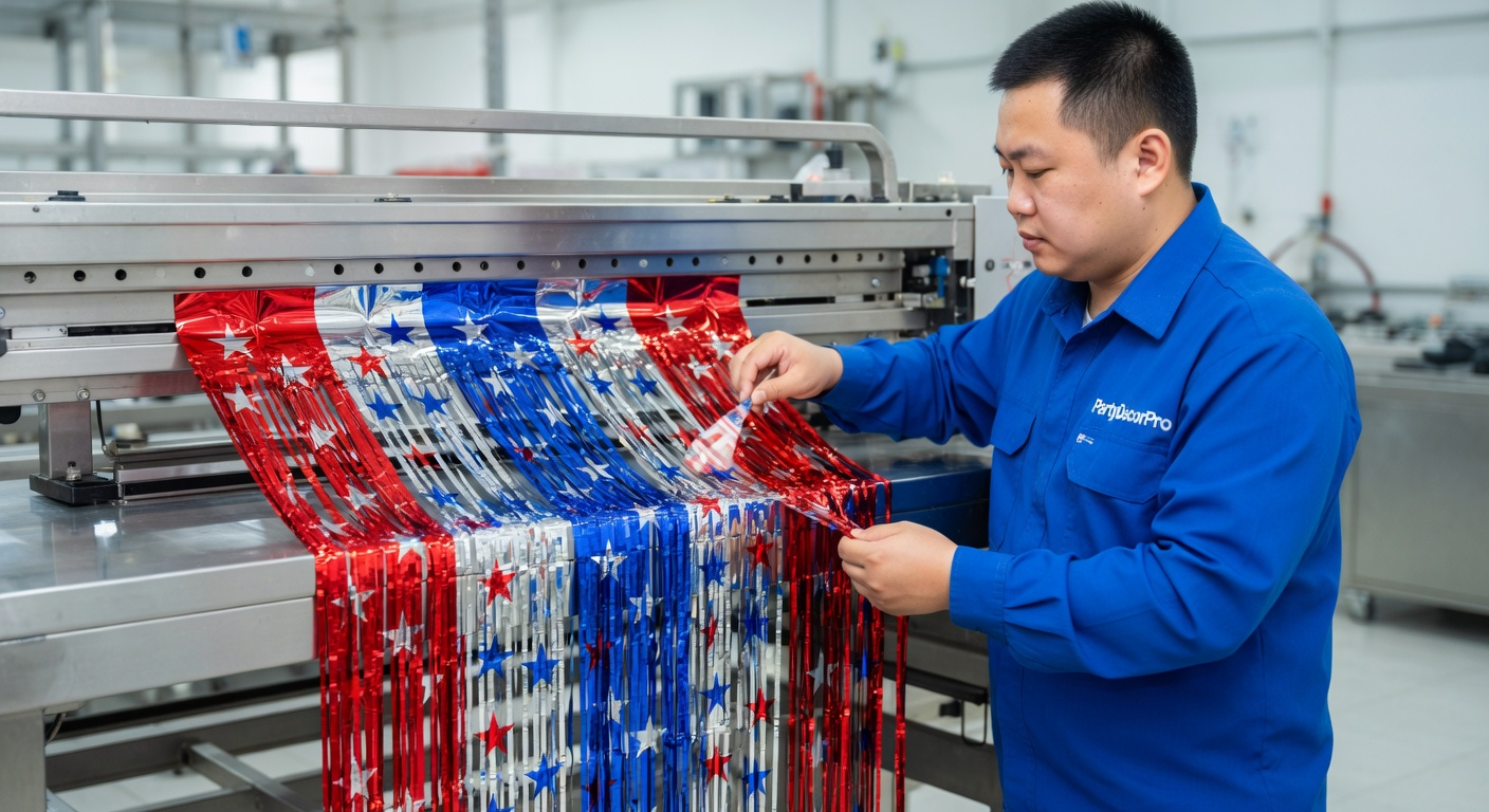 This is our precision slitting process where our technician carefully feeds high gloss metallic aluminum foil into equipment to create uniform strips, ensuring consistency and quality for wholesale party curtains.