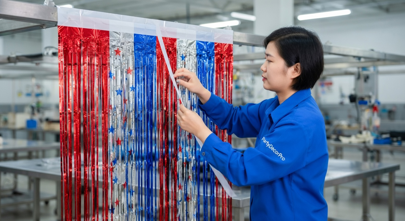 This is our precise adhesive application to the header section of our red white blue star stripe party curtain using advanced systems, delivering strong bonding and reliable performance for bulk wholesale orders.