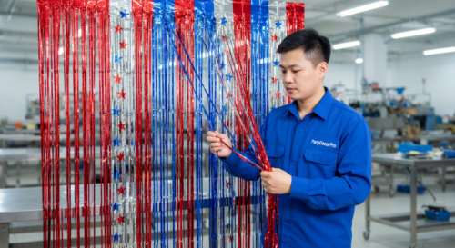 This is our skilled assembly process aligning cut metallic strips into a complete fringe backdrop curtain, maintaining precise alignment and consistent quality control for wholesale reliability.