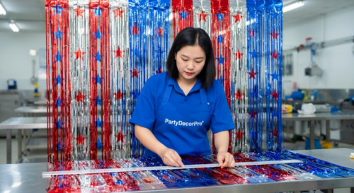 This is our thorough final inspection verifying strip alignment and dimensions on the finished aluminum foil tassel party curtain, ensuring premium quality and consistency for our wholesale partners.