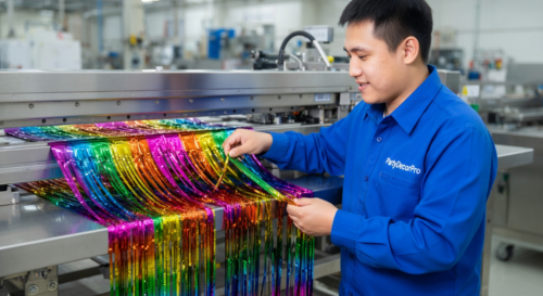 This is our precision cutting process where skilled workers carefully select and feed aluminum foil sheets into equipment creating uniform fringe strips with exact consistency for the Rainbow Foil Fringe Curtain wholesale orders.