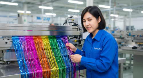 This is our advanced precision cutting operation featuring dedicated workers operating machinery to produce consistent fringe strips while maintaining strict quality standards for dependable wholesale Rainbow Foil Fringe Curtain supply.