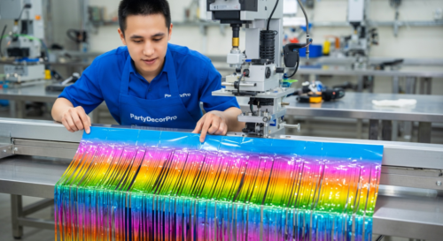 This is our specialized assembly stage where skilled technicians align and bond metallic strips to the header using precision equipment ensuring strong attachment and movement consistency for reliable wholesale party decor.