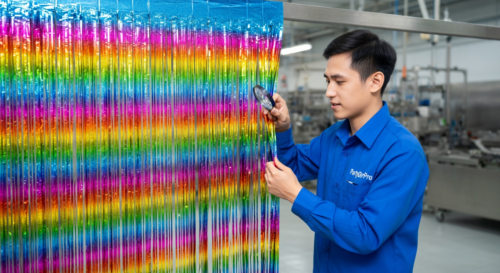 This is our rigorous quality inspection process where expert inspectors verify strip alignment and edge finish on each finished Rainbow Foil Fringe Curtain guaranteeing consistency and excellence for bulk wholesale clients.