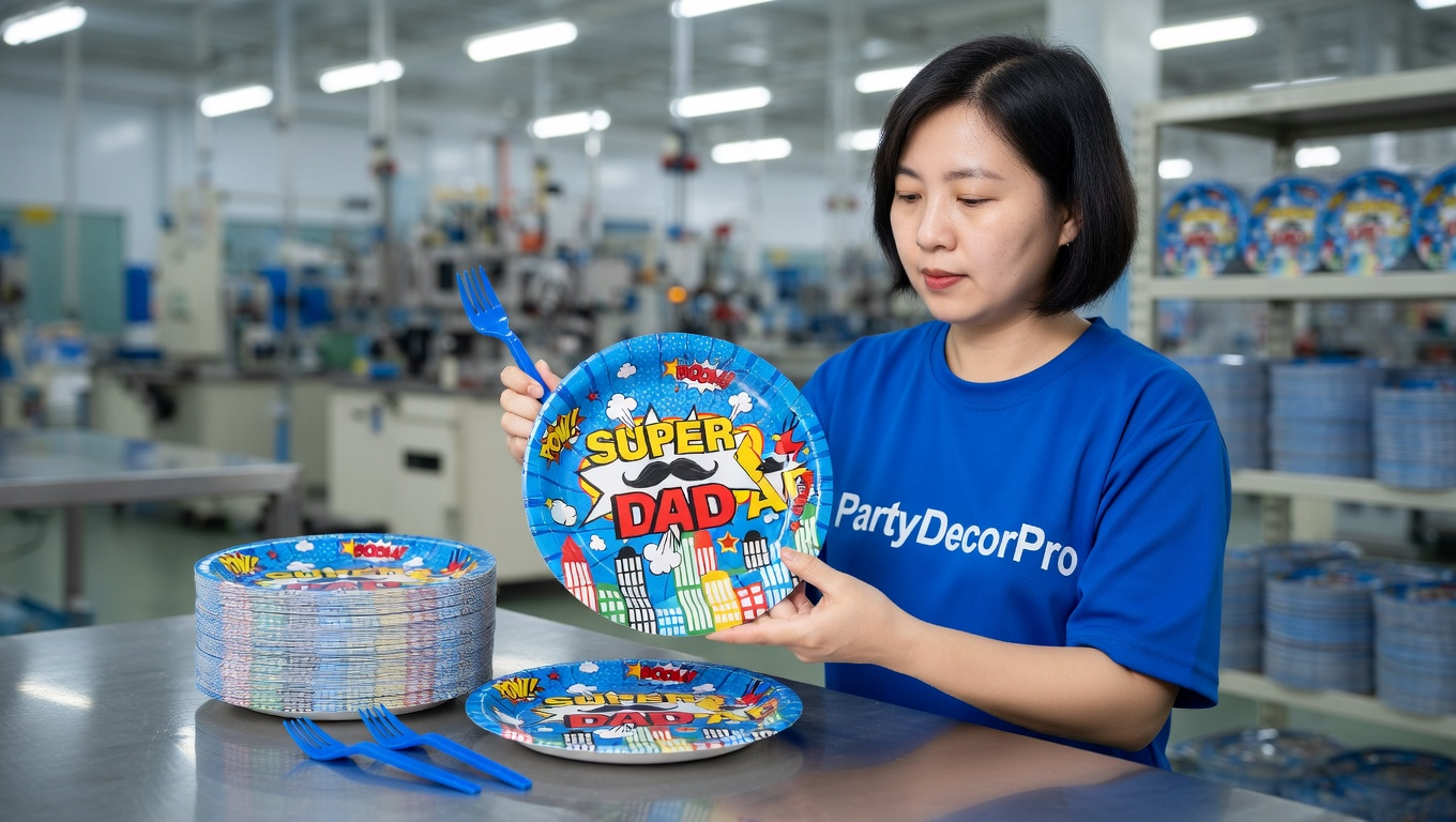 This is our multi-stage quality inspection where experts verify print quality, strength, and dimensional accuracy on finished plates and forks, guaranteeing consistency and reliability for wholesale partners and large-scale orders.