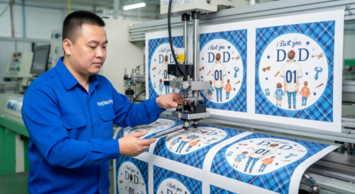 This is our precision printing station where experienced operators apply exact blue plaid patterns to paper sheets, maintaining strict quality control for consistent wholesale Father's Day disposable tableware production.