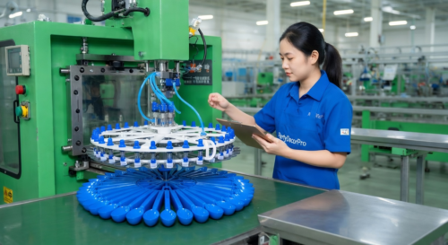 This is our injection molding process carefully forming blue plastic spoons forks and knives with uniform precision, upholding rigorous standards to ensure reliability for wholesale buyers.