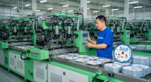 This is our thermoforming operation shaping printed paper into durable plates and cups with perfect alignment, demonstrating our commitment to precision and consistency in every wholesale set.