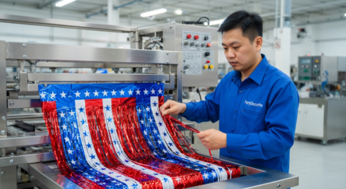 This is our precision foil slitting process where technicians use specialized equipment to create uniform red white and blue fringe strips, ensuring exact pattern consistency and wholesale reliability in every batch.