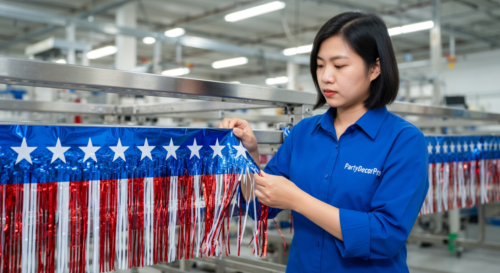 This is our border pattern application where skilled workers carefully align the star-patterned blue border onto the metallic foil, maintaining design precision and product uniformity for dependable supply.