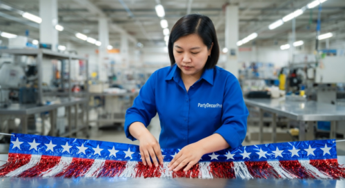 This is our adhesive backing application where technicians ensure proper adhesion on the completed tinsel garland fringe, guaranteeing reliable performance and quality control for retail partners.