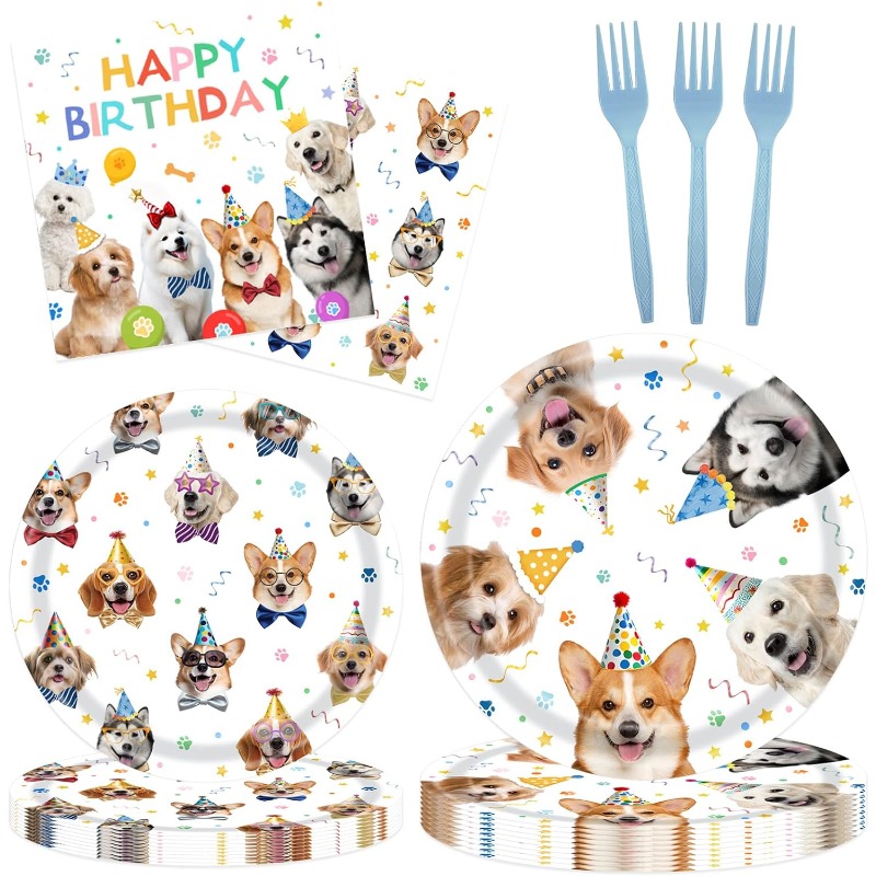 This dog birthday party set includes dinner plates, dessert plates, forks, and napkins, featuring adorable multi-breed prints that are vibrant and eco-friendly. We can customize the tableware combinations, prints, or specific dog breeds according to your needs to create a unique pet celebration.