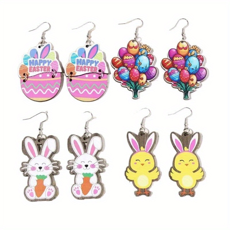 Wooden Earrings Manufacturer - Easter Bunny & Chick Dangle Earrings