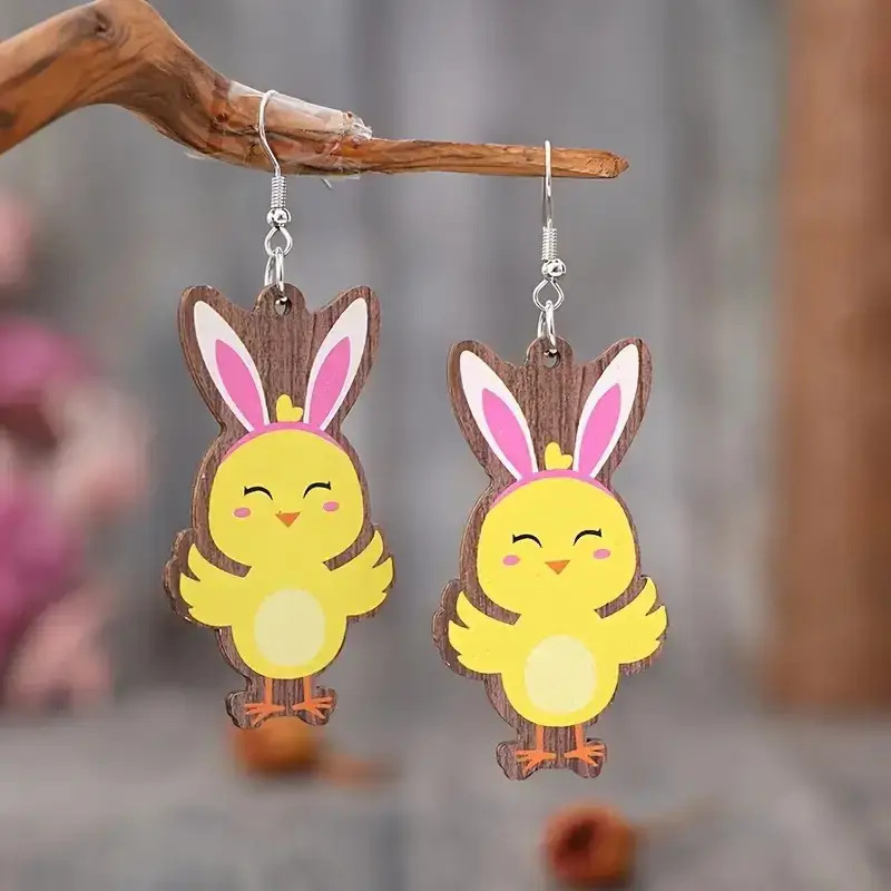 Wooden Earrings Manufacturer - Easter Bunny & Chick Dangle Earrings - Image 3