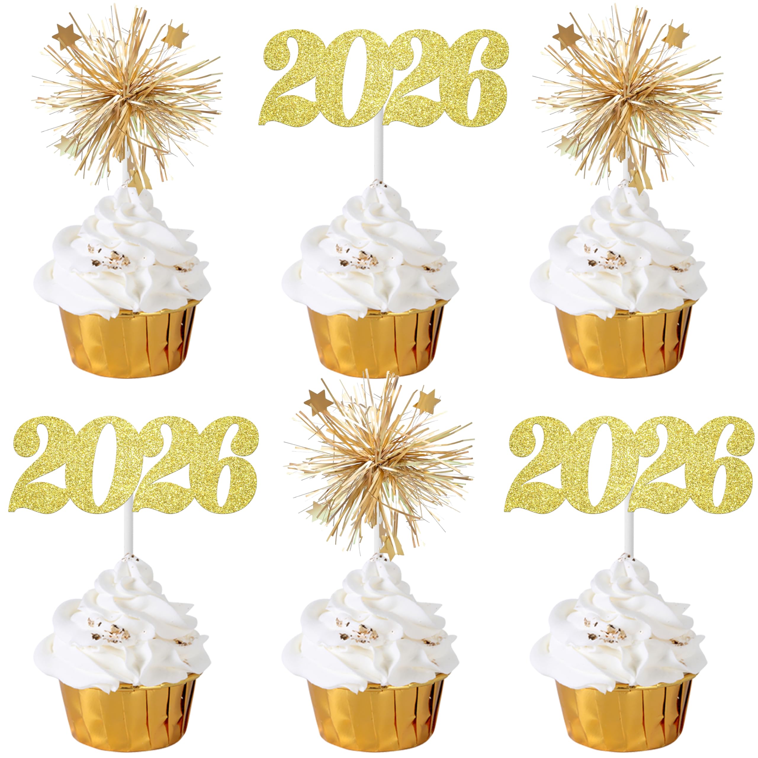 Wholesale Cupcake Toppers Gold 2026 Foil Firework New Year Eve Party Decorations Graduation Wedding Supplies