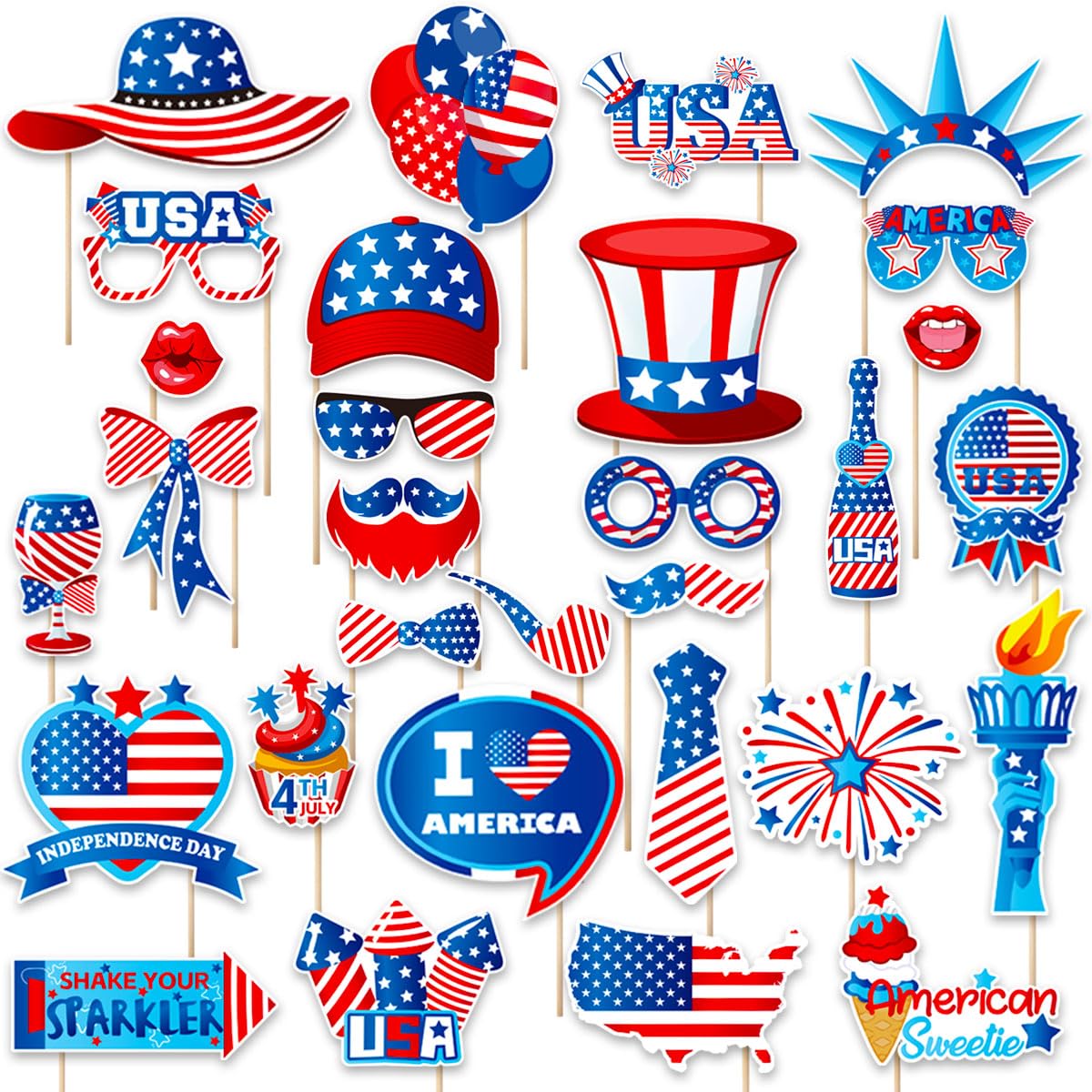 Photo Booth Props Wholesale - Patriotic 4th of July Party Photo Props with Sticks