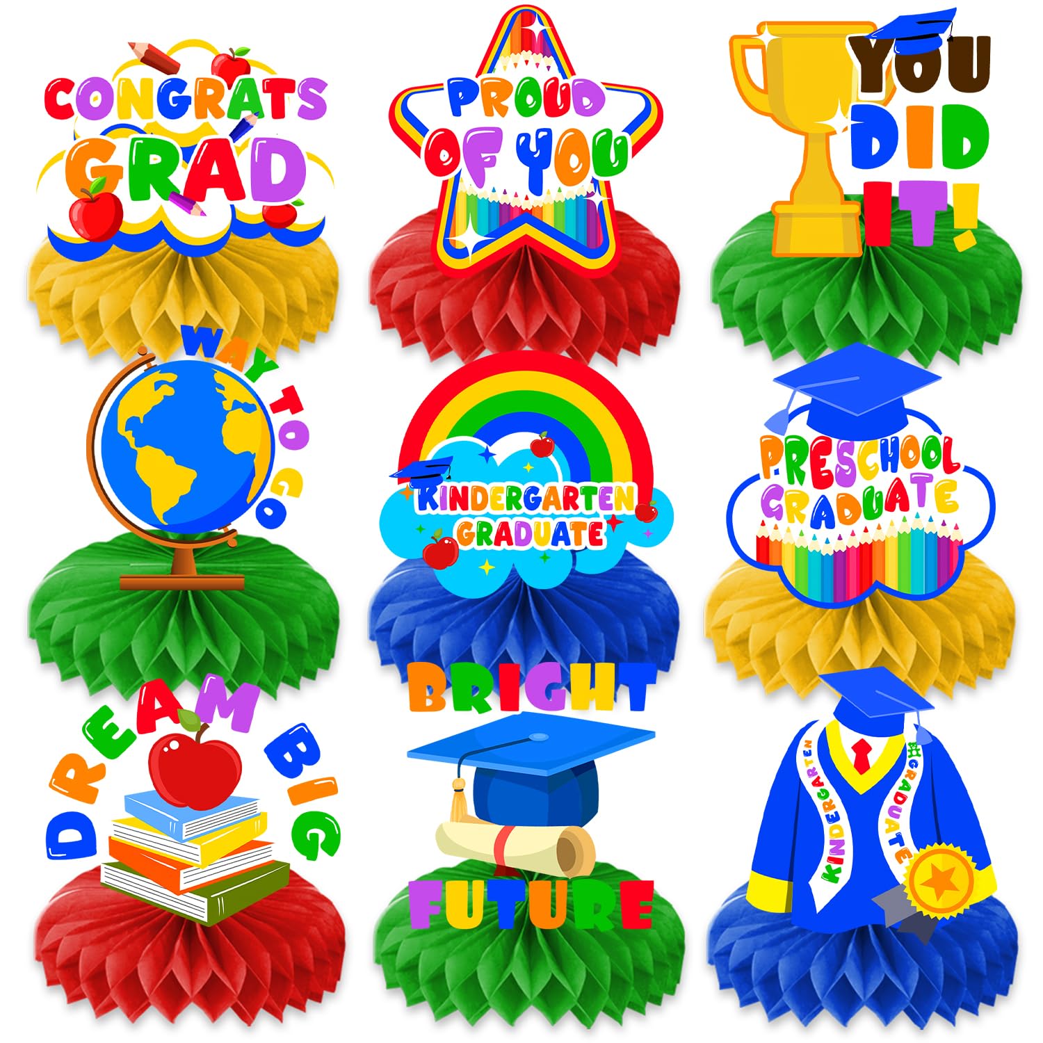 B2B/OEM Honeycomb Party Decorations - 9-Piece Graduation Centerpieces Set