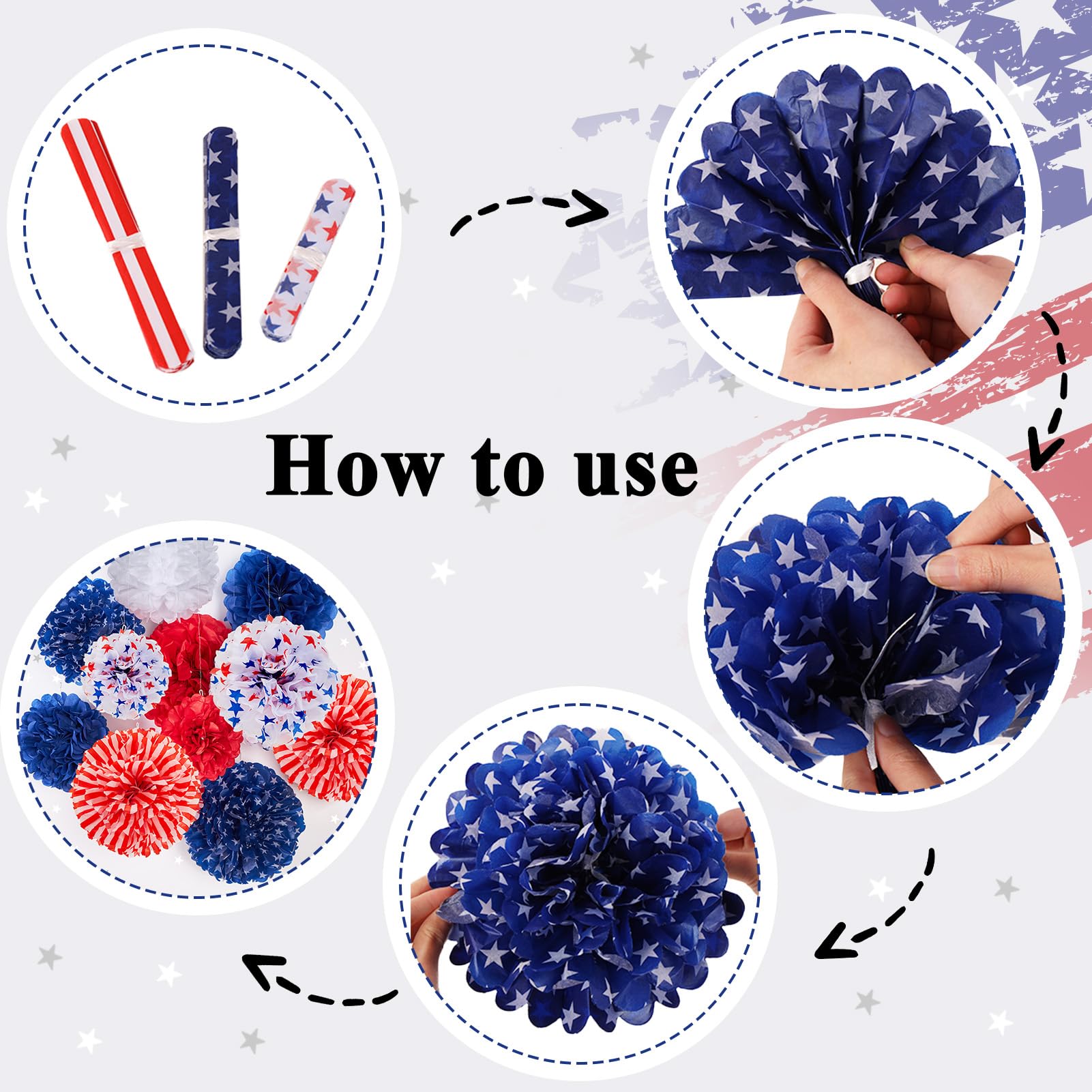 Wholesale Party Pom Poms - Patriotic Tissue USA Flag Hanging Decorations for 4th of July - Image 3