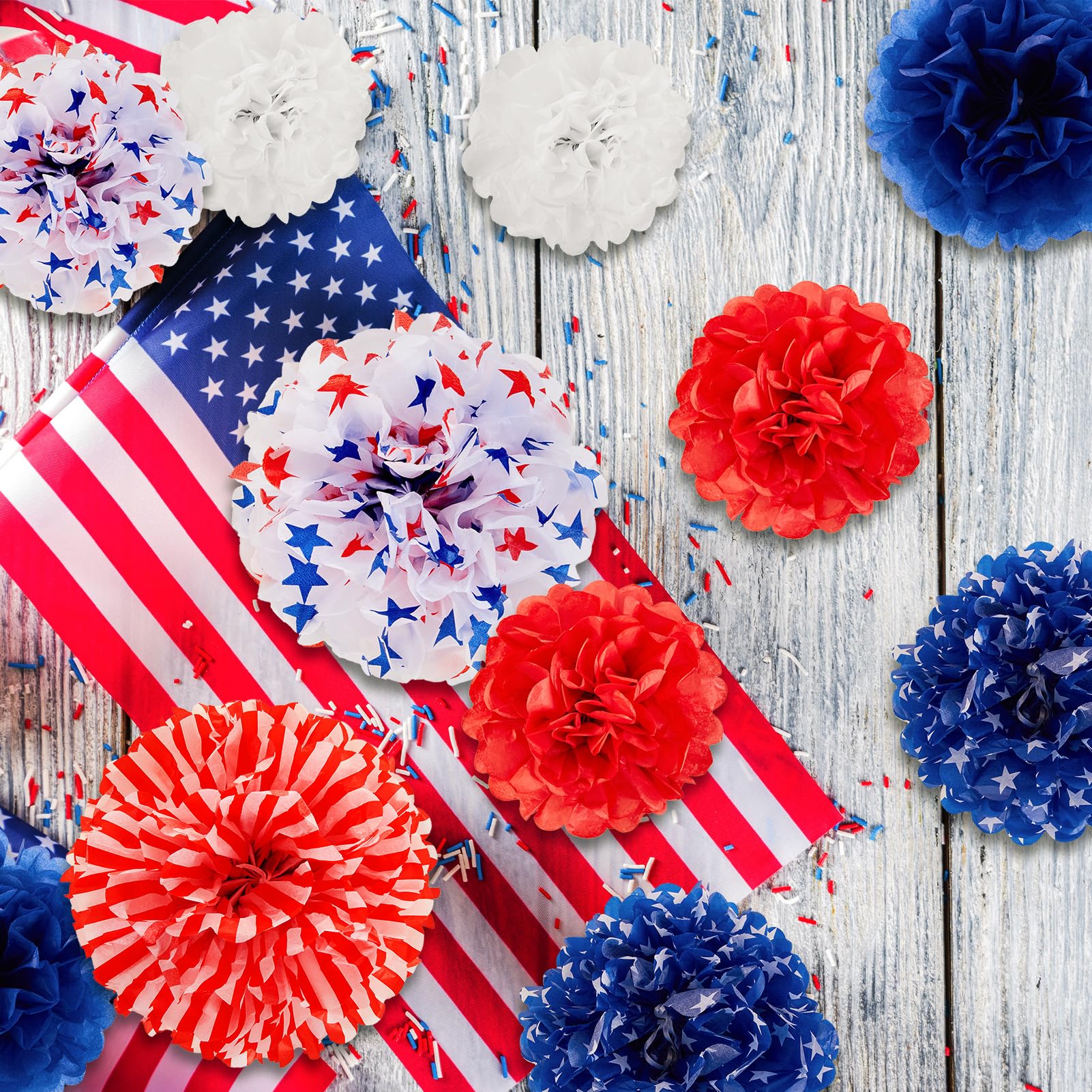 Wholesale Party Pom Poms - Patriotic Tissue USA Flag Hanging Decorations for 4th of July - Image 4