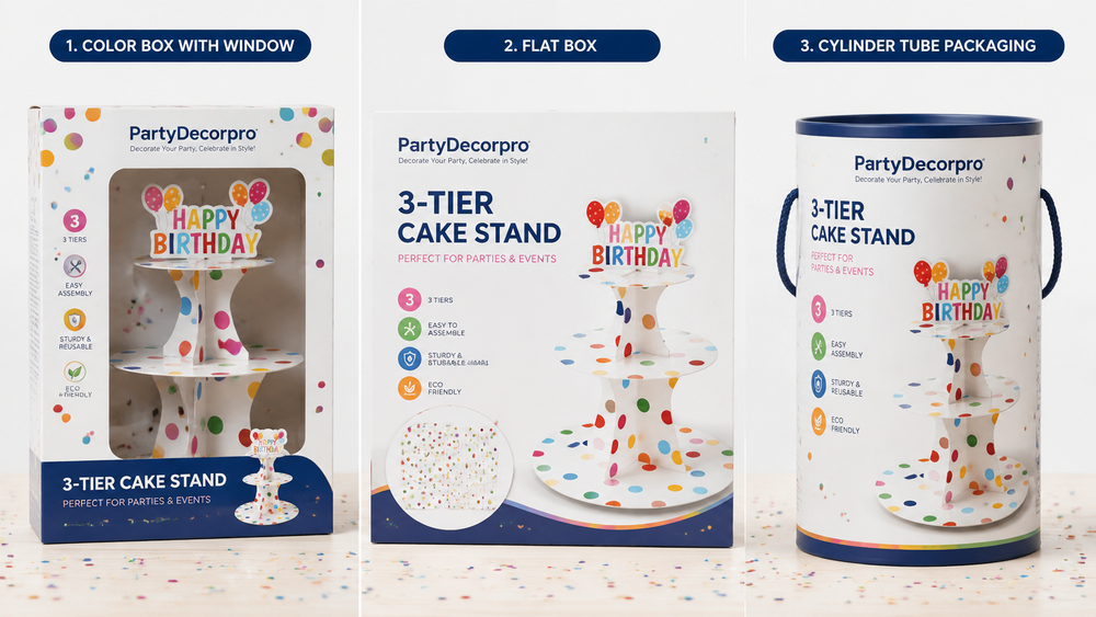 3-tier polka dot cake stand packaging options including color box, flat box, and cylinder tube for B2B distribution.