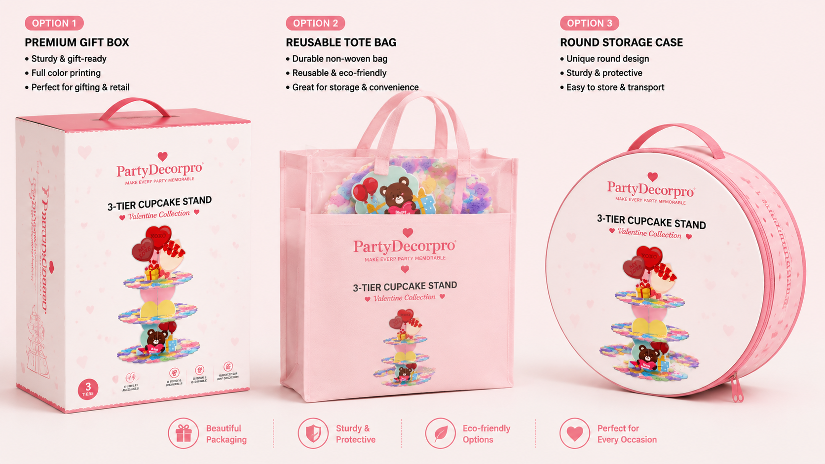 Customizable 3-tier cupcake stand packaging in gift box, tote bag, and round case styles, vibrant and sturdy