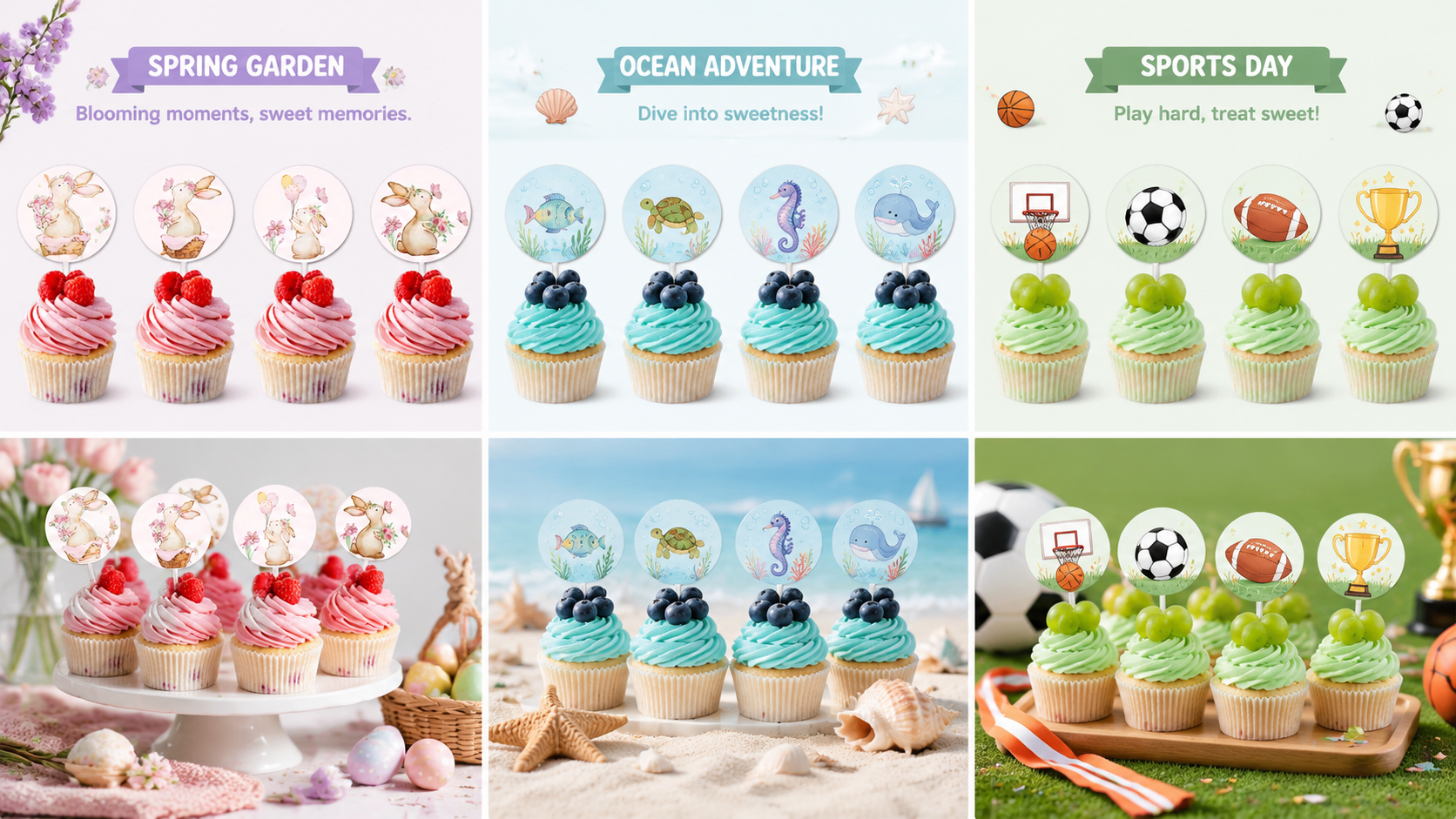 Custom themed cupcake toppers with animal, ocean, and sports designs on colorful frosting.