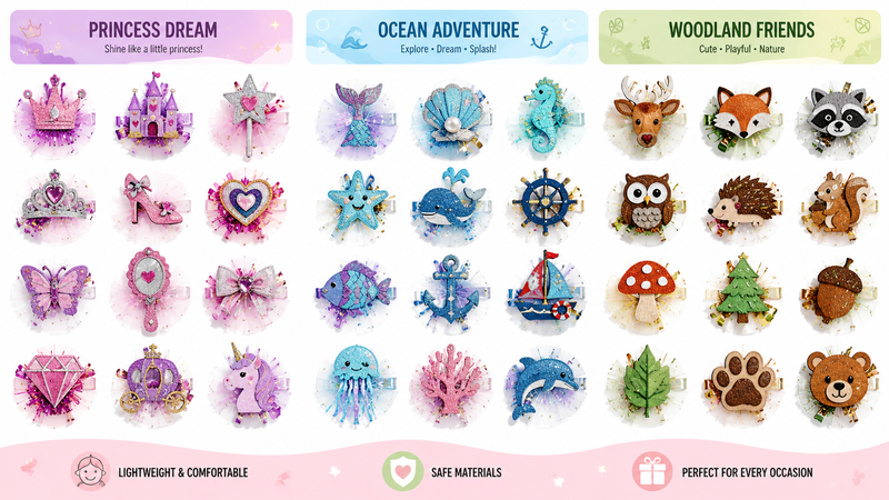 Colorful themed hair clip collection featuring Princess Dream, Ocean Adventure, and Woodland Friends designs, perfect for gifting or wholesale.